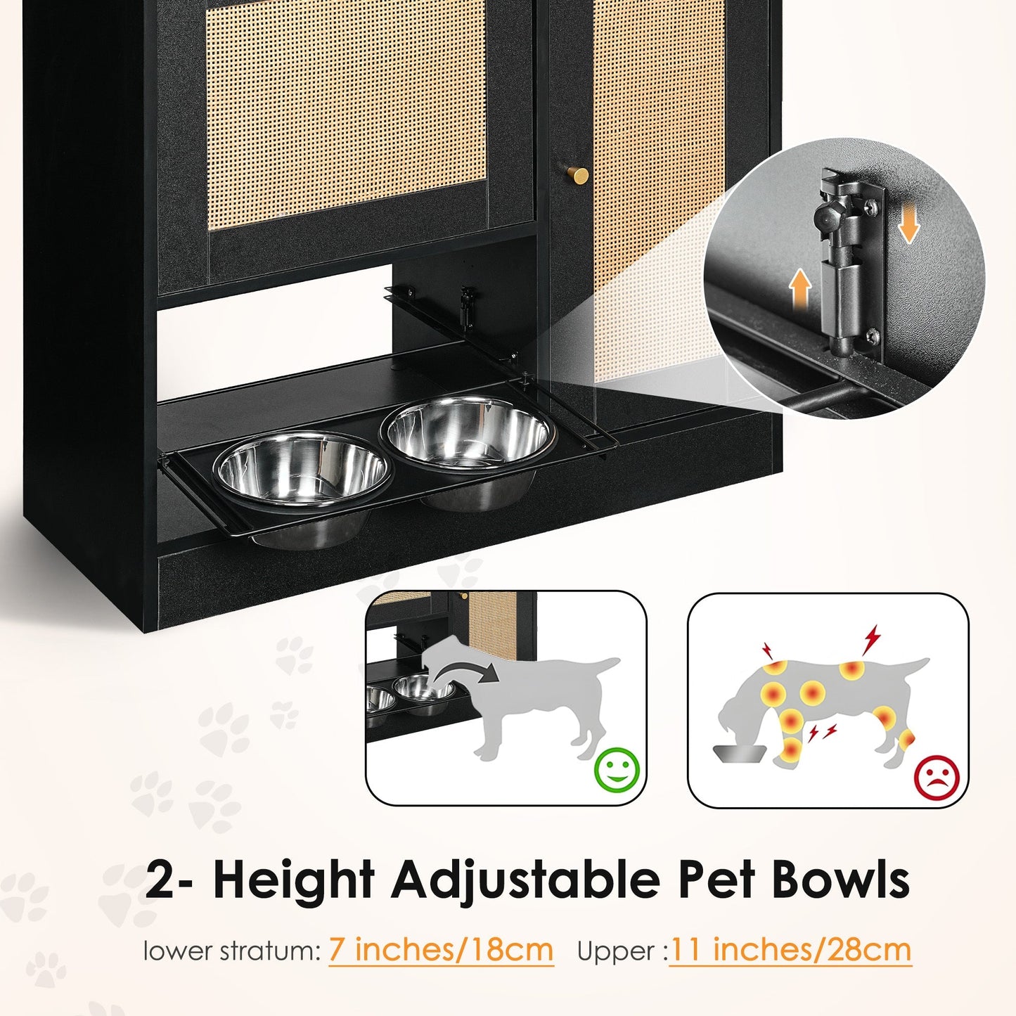 Feeding Station with 2 Lockers and Elevated Bowls – Black