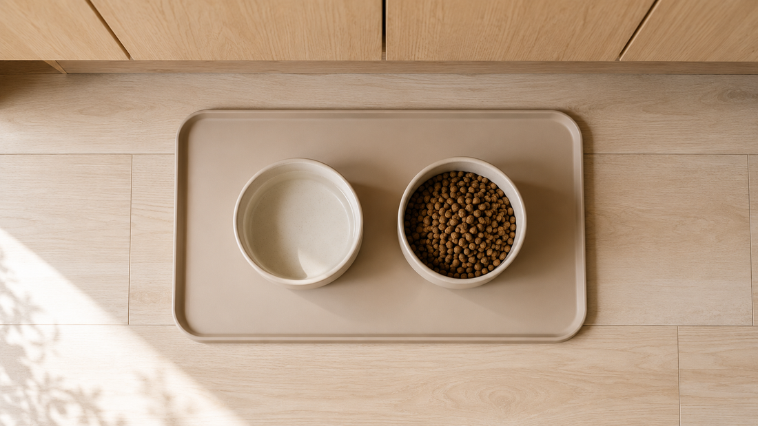 An overhead view of a neutral raised-edge feeding mat with two bowls in a bright kitchen.