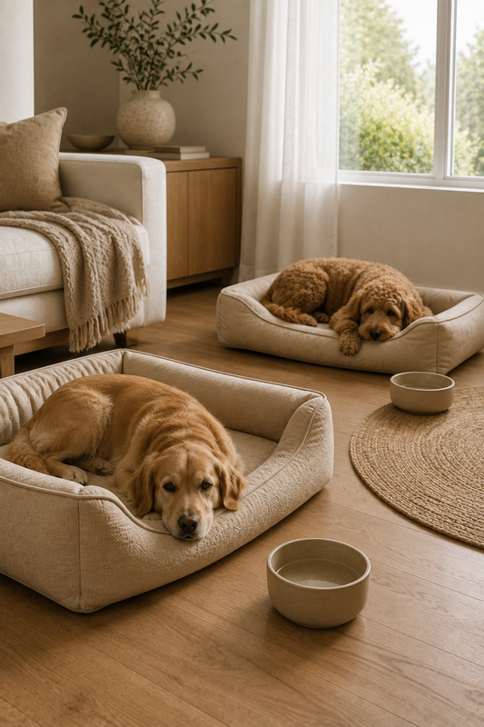 Two dogs resting calmly in a modern living room, each in its own bed, in a harmonious multi-dog home setup.