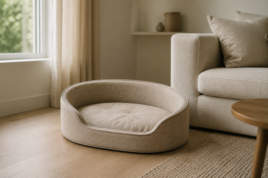 Oval semi-enclosed dog bed with a raised padded backrest on pale oak flooring in a calm modern living room