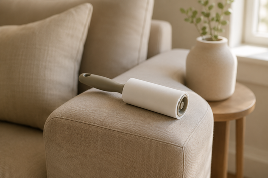 Pet hair being lifted from a sofa cushion as part of a calm, repeatable cleaning routine.