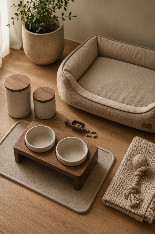 A considered dog-home setup — bed, ceramic bowls, treat canisters and feeding mat — arranged neatly on a wood floor.
