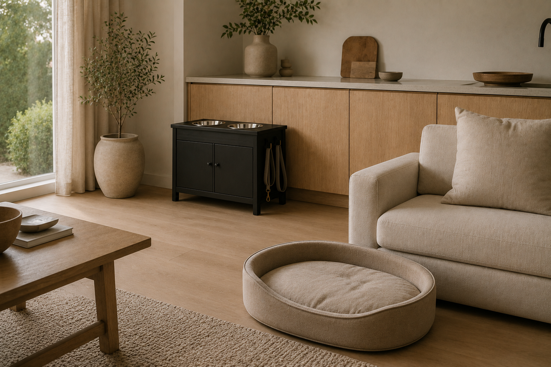 Modern living room where a wooden pet feeding station and an upholstered dog bed sit integrated as part of the room's furniture