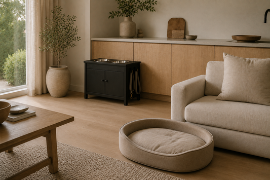 Modern living room where a wooden pet feeding station and an upholstered dog bed sit integrated as part of the room's furniture