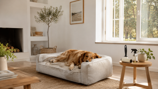 A bright modern living room with a dog on a washable sofa bed and pet cleaning essentials nearby — selected by LAVORA