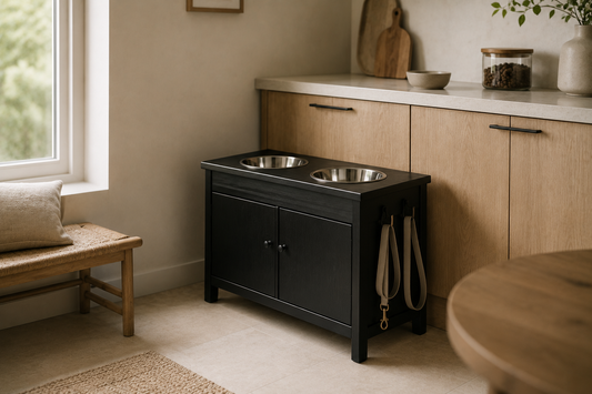 Black wooden dog feeding station with elevated stainless steel bowls and closed storage cabinets in a modern kitchen