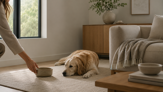 A person's hand placing a simple ceramic bowl in a calm, modern living room where a dog rests naturally, pet essentials blending into warm neutral wood and stone decor