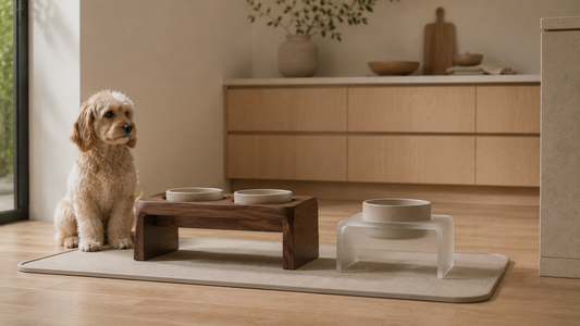 A walnut wood dog bowl stand and a slim frosted-acrylic bowl stand side by side in a modern kitchen feeding corner, with a small pet nearby.