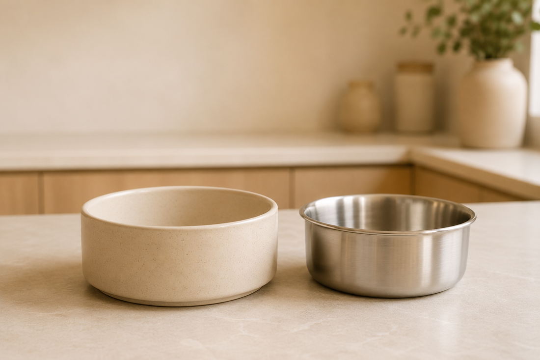 A stoneware bowl and a stainless steel bowl compared side by side on a kitchen counter.