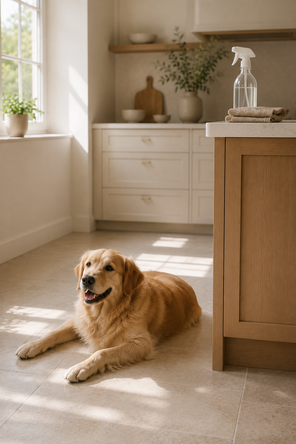 A dog lying on a freshly cleaned floor in a bright modern kitchen, with cleaning supplies set safely aside.