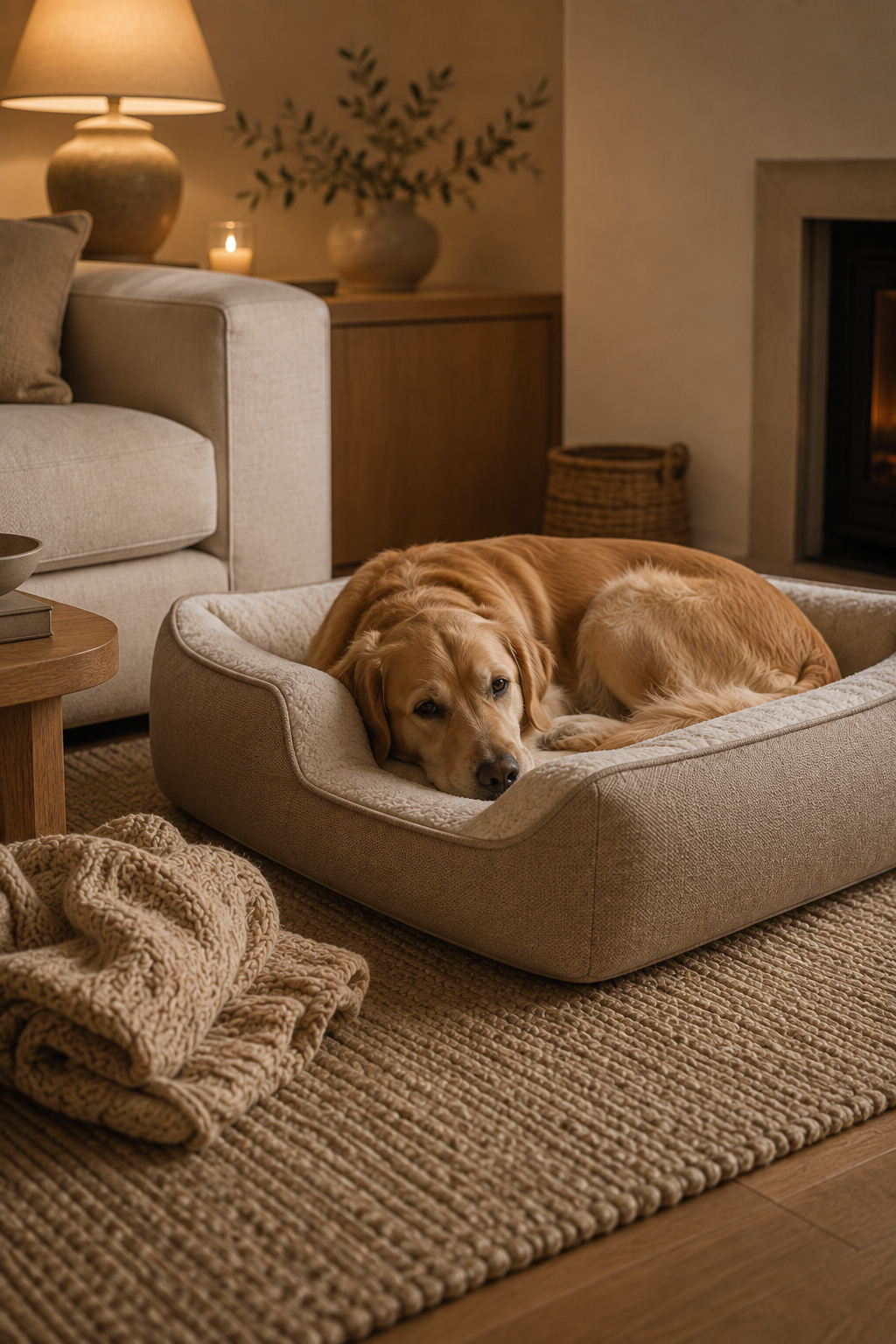 A dog curled up cozily in a bolstered orthopedic dog bed in a warm, softly lit winter living room.