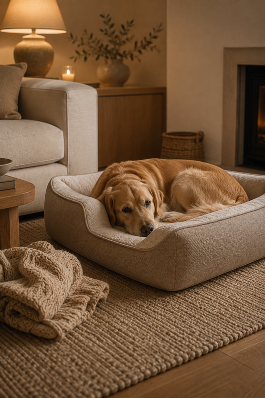 A dog curled up cozily in a bolstered orthopedic dog bed in a warm, softly lit winter living room.