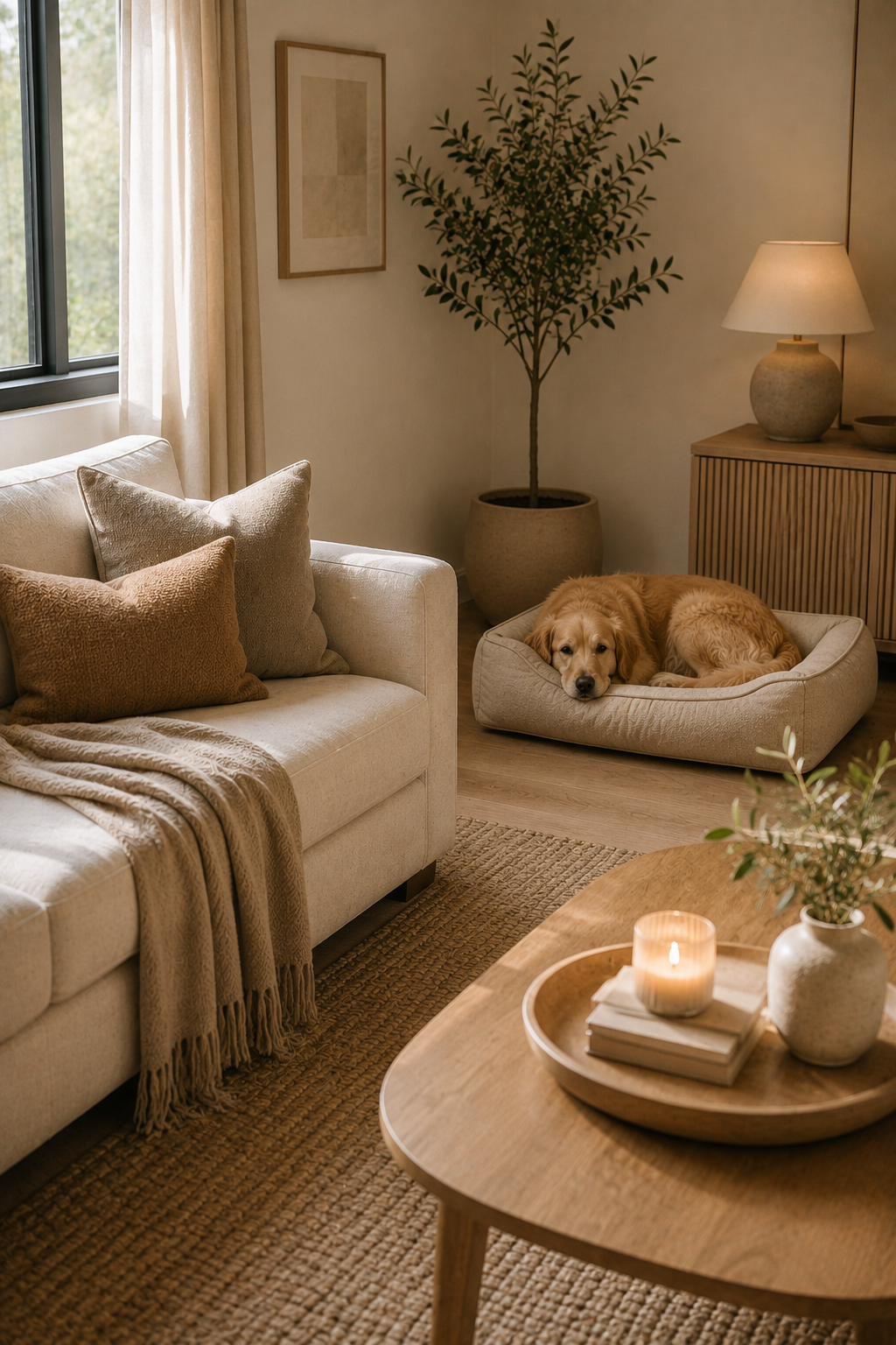 A dog settled on its own bed in a tidy, guest-ready living room with a clean sofa and warm, inviting light.