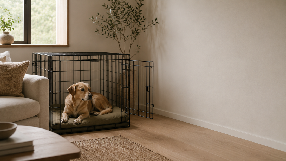 A calm medium-size dog resting on a thin oatmeal washable crate mat inside an open wire dog crate in a bright, minimalist living room.