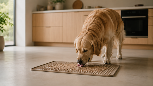 A dog licking soft food spread across a textured lick mat on a smooth floor in a calm, neutral-toned kitchen