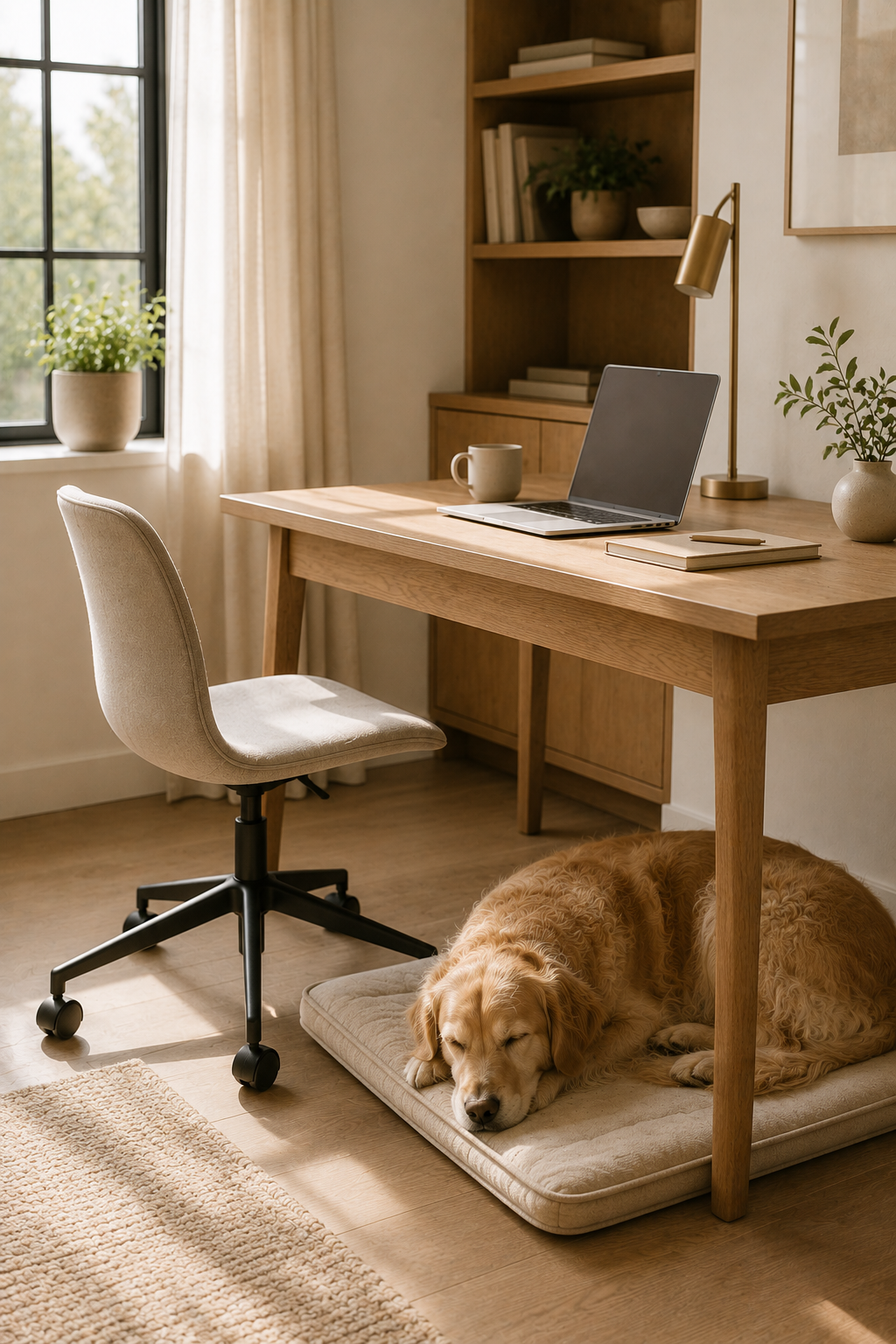 A dog resting on a mat beside a desk in a calm, minimal home office with natural light and a laptop.