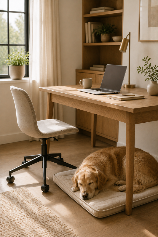 A dog resting on a mat beside a desk in a calm, minimal home office with natural light and a laptop.