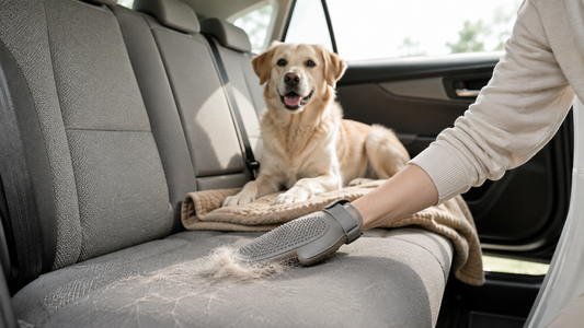 A gloved hand gathering dog hair from a grey cloth car back seat, with a calm dog on a washable seat throw in bright daylight.
