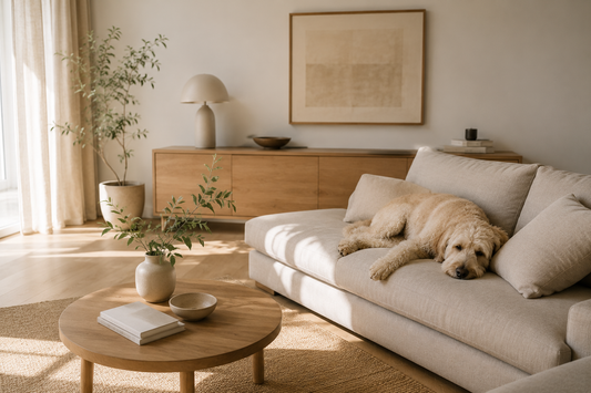A clean, well-kept living room with a dog resting on a neutral sofa.
