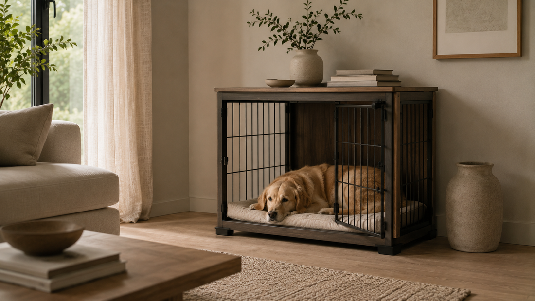 A dog resting on a cushioned mat inside a dog crate placed in a calm corner of a modern neutral-toned living room