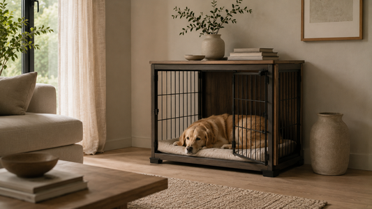 A dog resting on a cushioned mat inside a dog crate placed in a calm corner of a modern neutral-toned living room