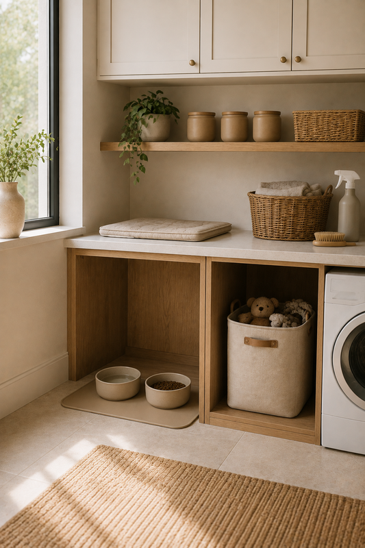A bright, organized laundry room set up as a pet station with a feeding station, treat canisters and a washable mat.