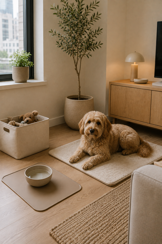 A dog on a washable mat in a modern rented apartment, with a feeding mat and freestanding storage protecting the space.