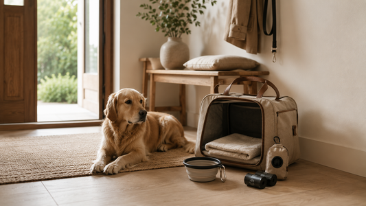 A dog waiting by a calm home entryway beside a neatly packed travel bag and organized supplies ready for a trip