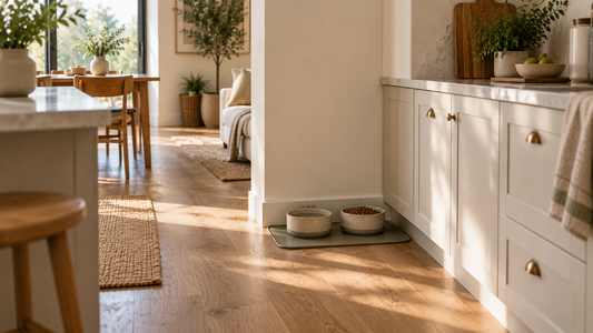 Dog bowls placed in a tidy kitchen corner on a hard floor in a modern home
