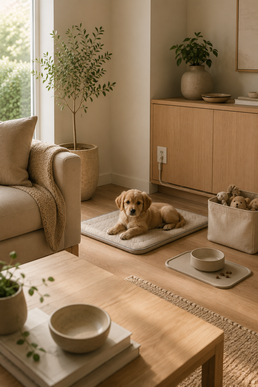 A puppy resting on a washable crate mat in a tidy, puppy-proofed modern living room with a feeding mat nearby.