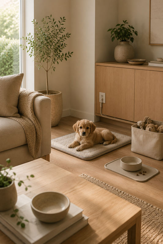 A puppy resting on a washable crate mat in a tidy, puppy-proofed modern living room with a feeding mat nearby.