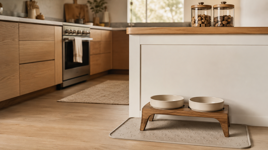 A considered dog feeding corner in a modern kitchen with a stoneware bowl, wood stand, and silicone mat — selected by LAVORA