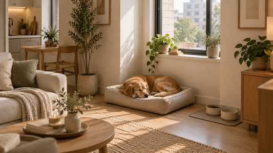 A calm, well-organized small apartment set up for living with a dog