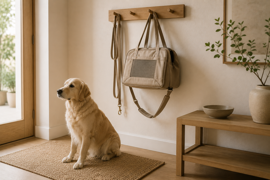 A neatly organized entryway with a dog travel bag and leash ready for a walk.