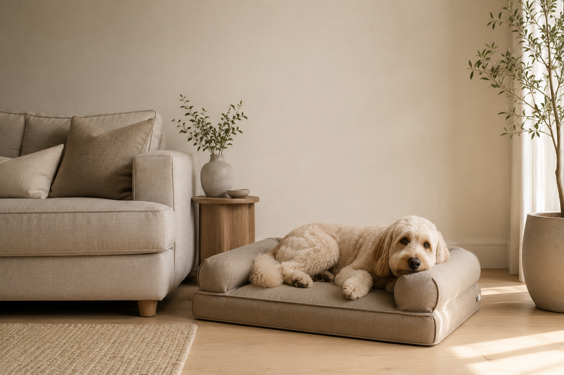 A dog bed placed within a shared living room, chosen to sit naturally alongside the furniture around it.