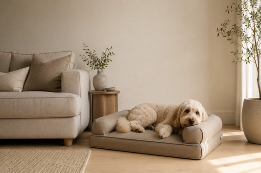 A dog bed placed within a shared living room, chosen to sit naturally alongside the furniture around it.