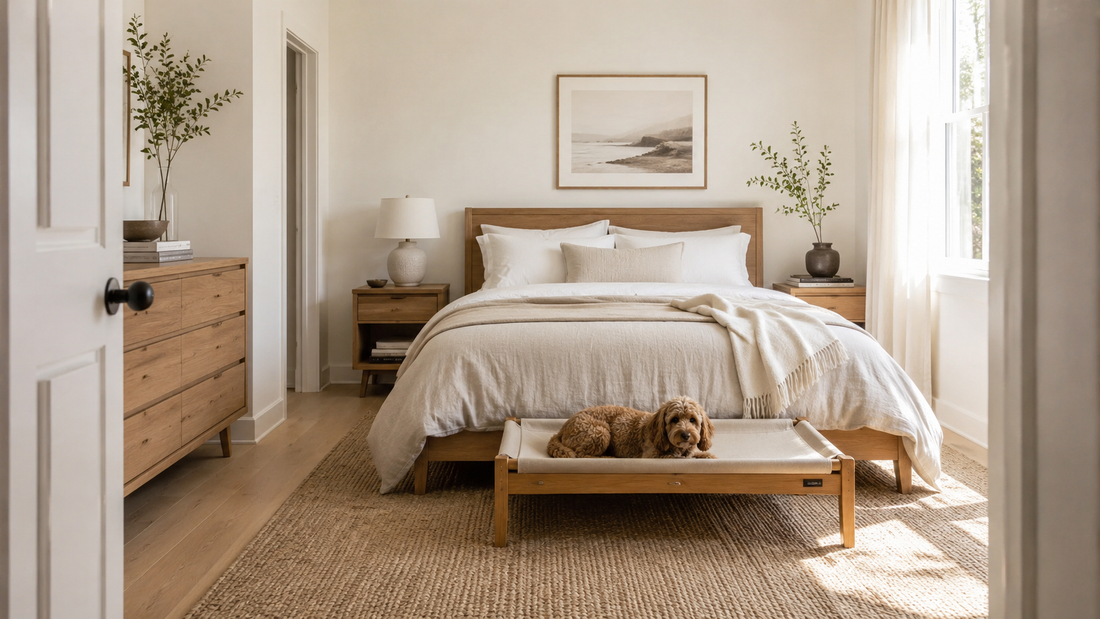 A Scandinavian elevated dog bed placed at the foot of a bed in a calm, minimal bedroom — selected by LAVORA