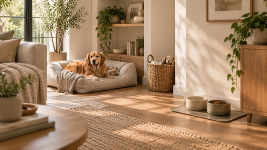 A modern home thoughtfully set up for a new dog across feeding, rest, and storage