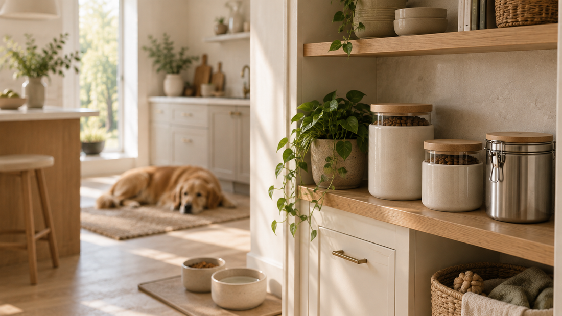 Sealed dog food storage canisters on a wooden kitchen shelf in a modern pet home
