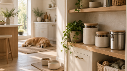 Sealed dog food storage canisters on a wooden kitchen shelf in a modern pet home