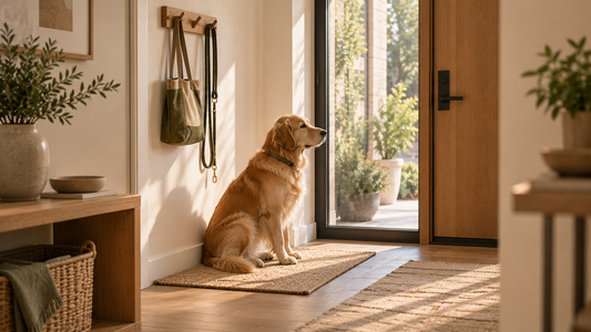 A modern home entryway set up for a dog with leash and walk bag by the door