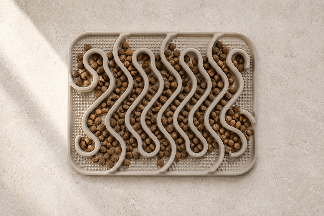 A slow feeder mat and bowl set up for a longer, more engaged everyday meal.