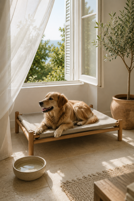 A dog resting on a raised elevated bed by an open window in a bright, airy summer room with a stoneware water bowl.