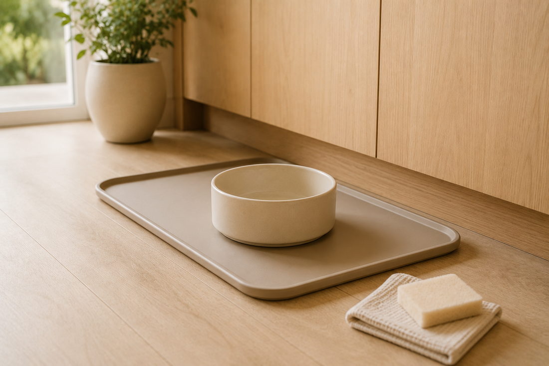 A freshly cleaned feeding station with a stoneware bowl and silicone mat in a bright kitchen