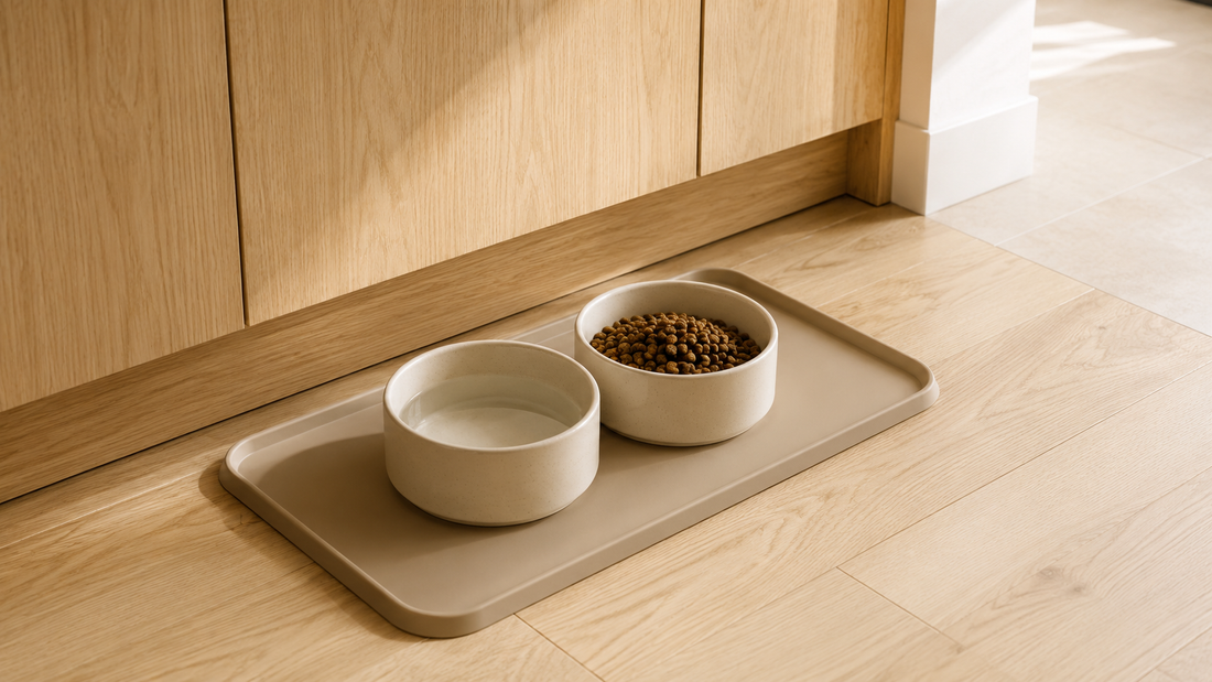 A clean and organized dog feeding station with ceramic bowls on a raised-edge mat in a modern kitchen.