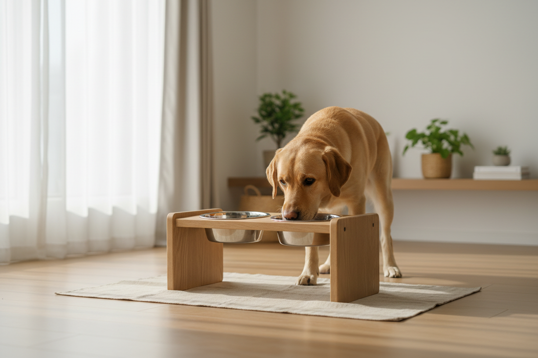 Elevated oak wood dog bowl stand with stainless steel bowls, used by a Labrador in a bright minimalist home — selected by LAVORA for the Feeding Corner collection