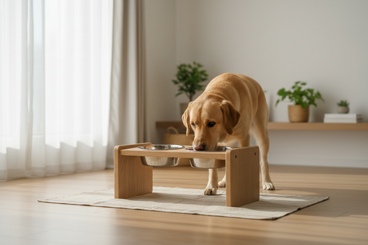 Elevated oak wood dog bowl stand with stainless steel bowls, used by a Labrador in a bright minimalist home — selected by LAVORA for the Feeding Corner collection
