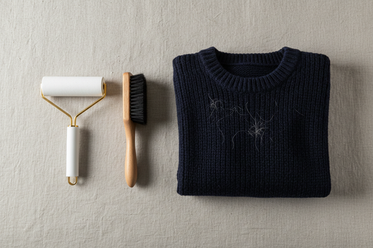 Lint roller and reusable fabric brush arranged beside a folded wool sweater — a practical guide to removing pet hair from clothes, by LAVORA