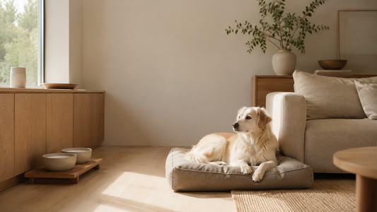 A calm modern living room shared comfortably by a person's furniture and their dog's everyday essentials.