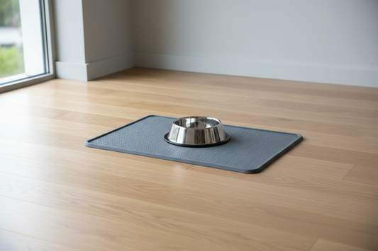 Stainless steel dog bowl on a non-slip silicone feeding mat on a hardwood floor — a guide to stopping dog bowls from sliding, by LAVORA